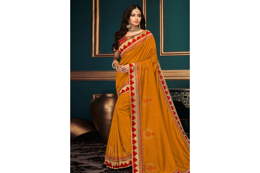 Mustard Ethnic Embroidered Tissue Saree With Unstitched Blouse Piece